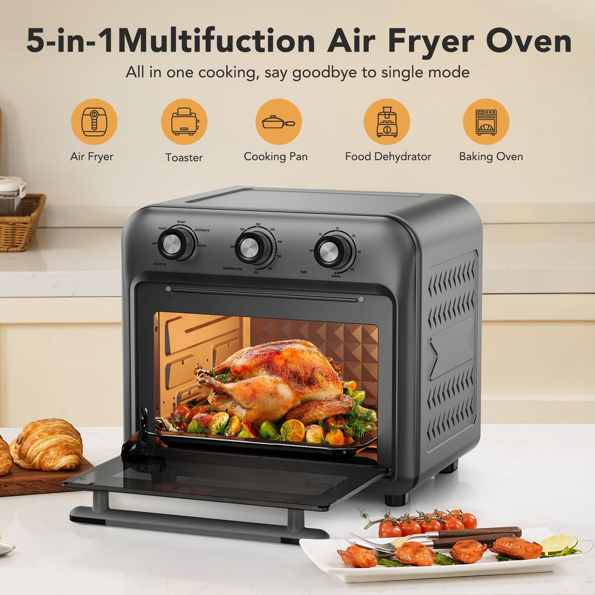 Garly Kitchen 21-Qt Air Fryer Toaster Oven with Convection, 5-in-1 Countertop Cooker, View Window