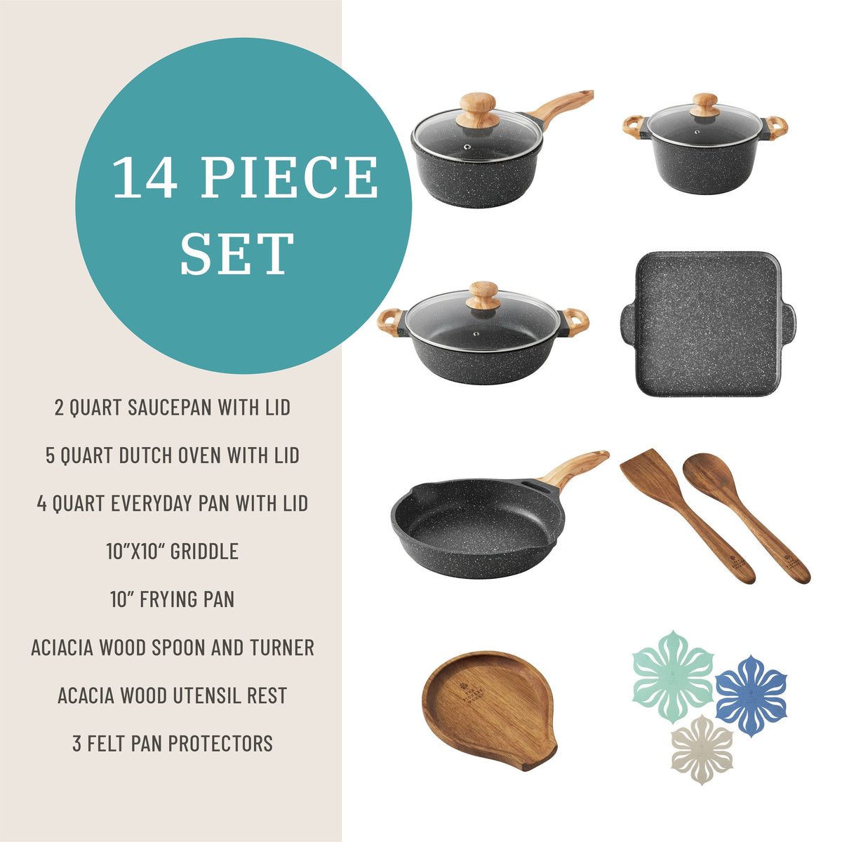 Garly Kitchen Prairie Signature 14-Piece Cast Aluminum Cookware Set, Charcoal Speckle