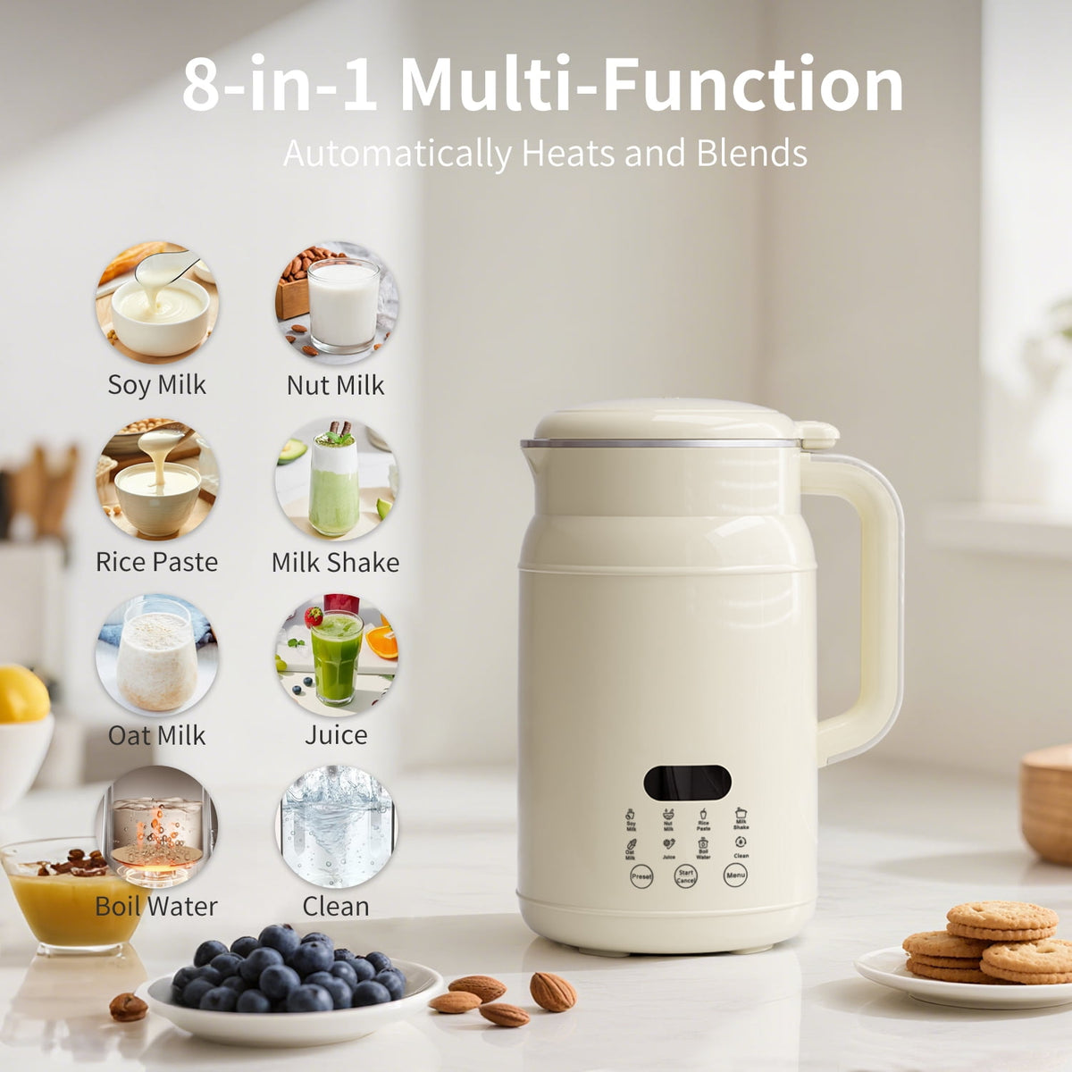 Garly Kitchen Nut Milk Maker 8-in-1, 32oz Soy, Almond, Oat, Coconut Milk Machine
