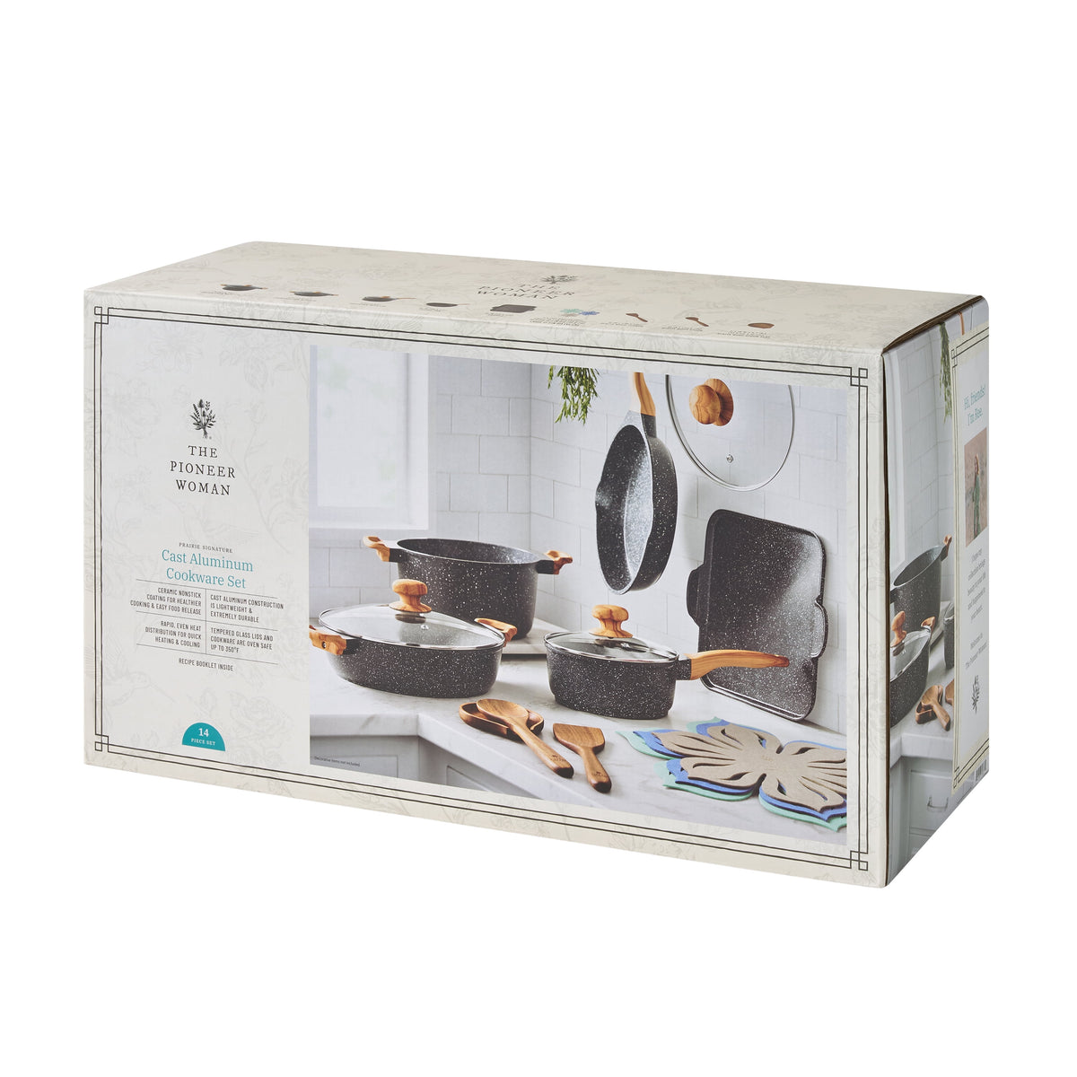 Garly Kitchen Prairie Signature 14-Piece Cast Aluminum Cookware Set, Charcoal Speckle