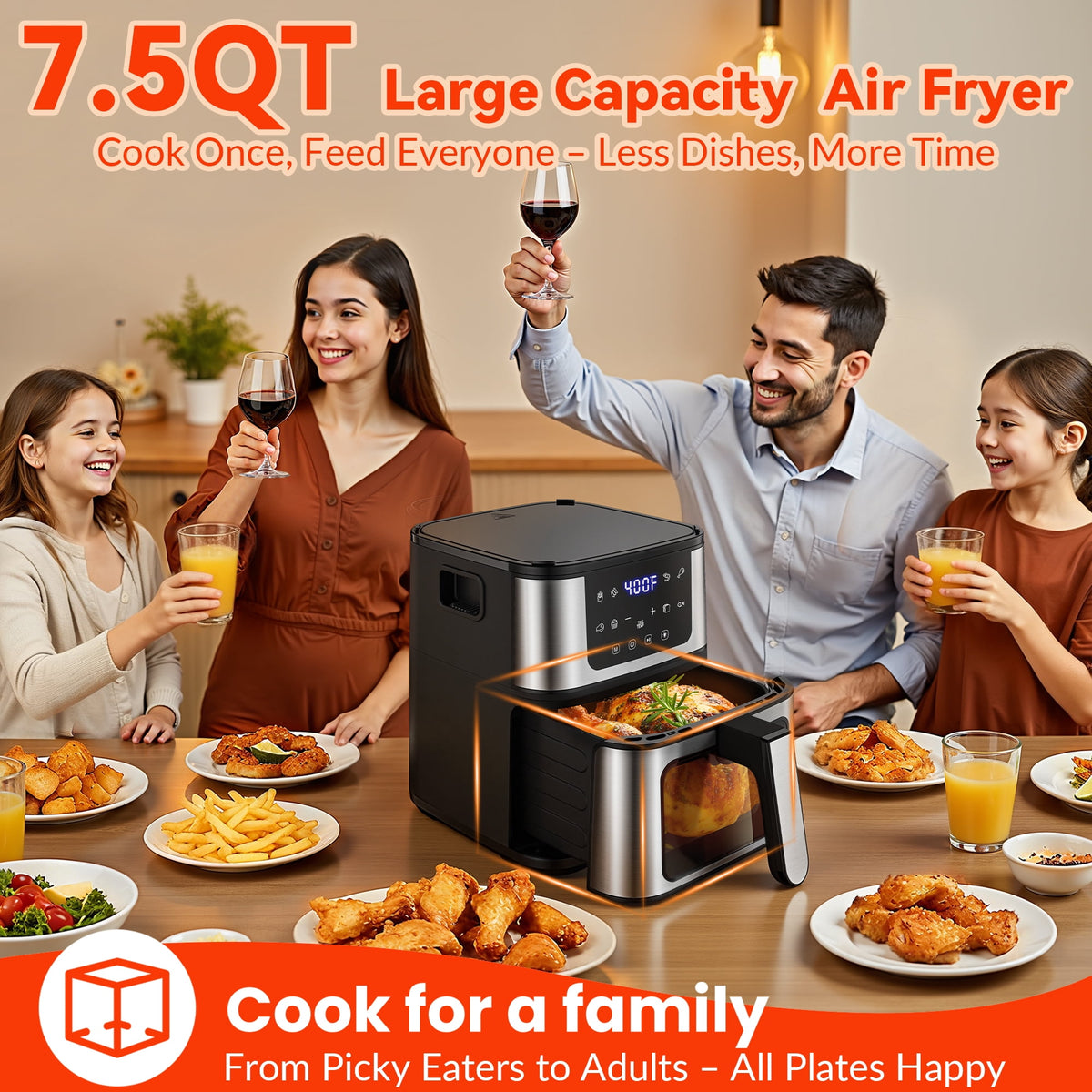 Garly Kitchen 2-in-1 Air Fryer 7.5-Qt Large Capacity Digital Hot Air Oven with Window & Light