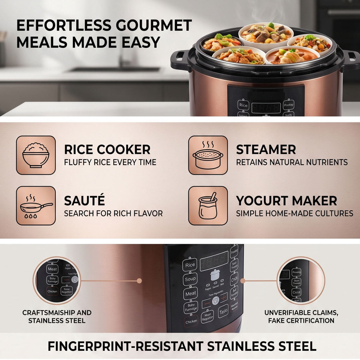 Garly Kitchen 6.5-Qt Electric Pressure Cooker, 12-in-1 Multi-Functional Slow Cooker, Rice Cooker