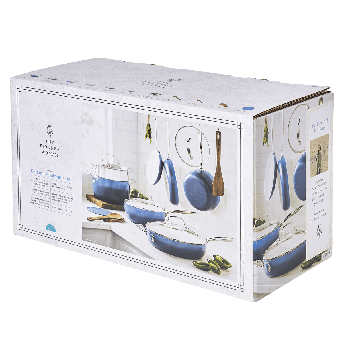 Garly Kitchen Harlow 15-Piece Ceramic Nonstick Cookware Set, Denim Blue
