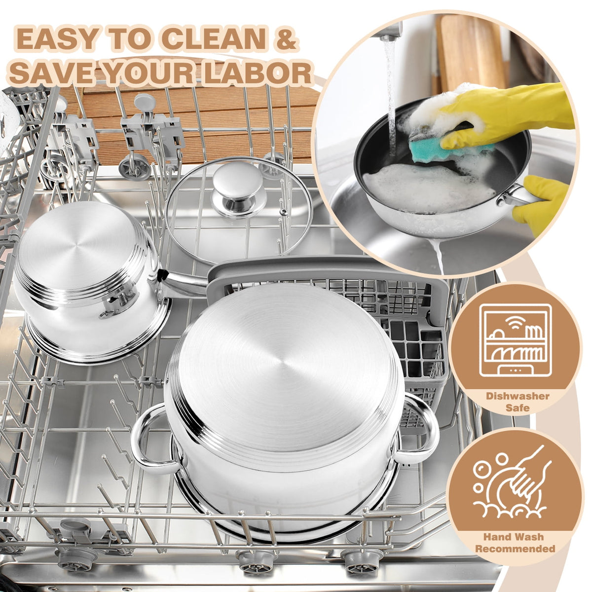 Garly Kitchen 13-Piece Stainless Steel Cookware Set, Kitchen Pots and Pans Set with Glass Lid