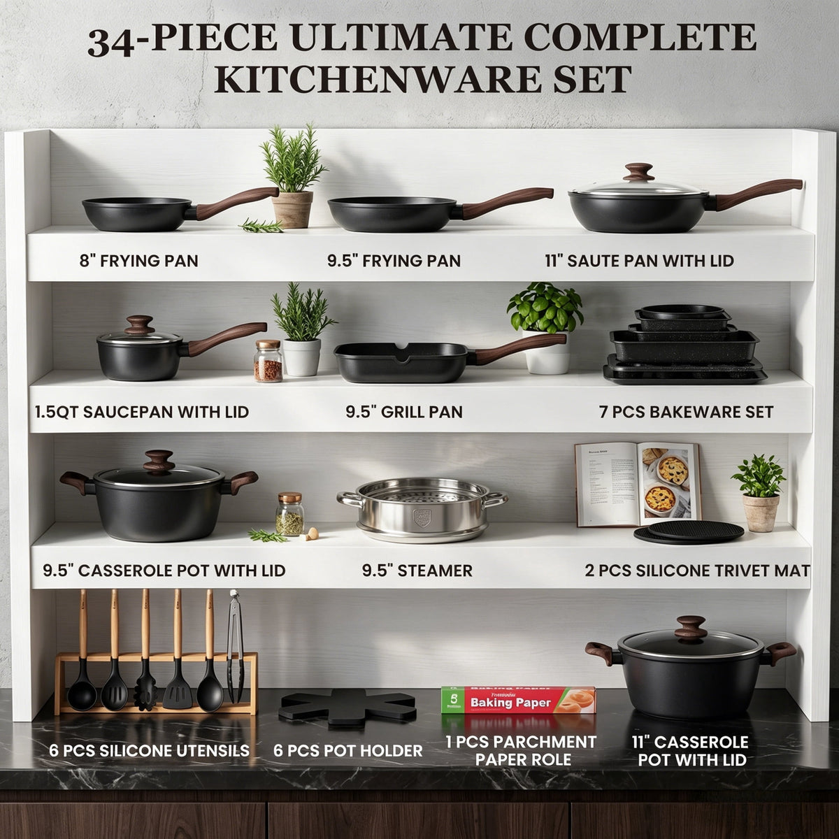Garly Kitchen Kikcoin 34-Piece Pots and Pans Set, Dishwasher-Safe Non Stick Pots and Pans