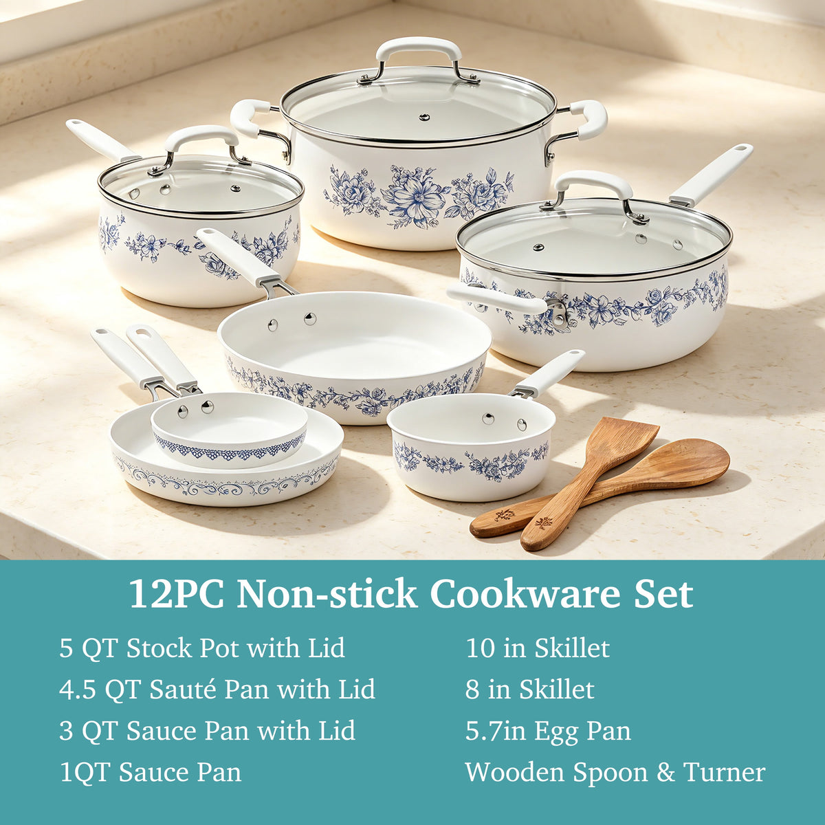 Garly Kitchen 12-Piece Classic Aluminum Cookware Set, Ceramic Nonstick