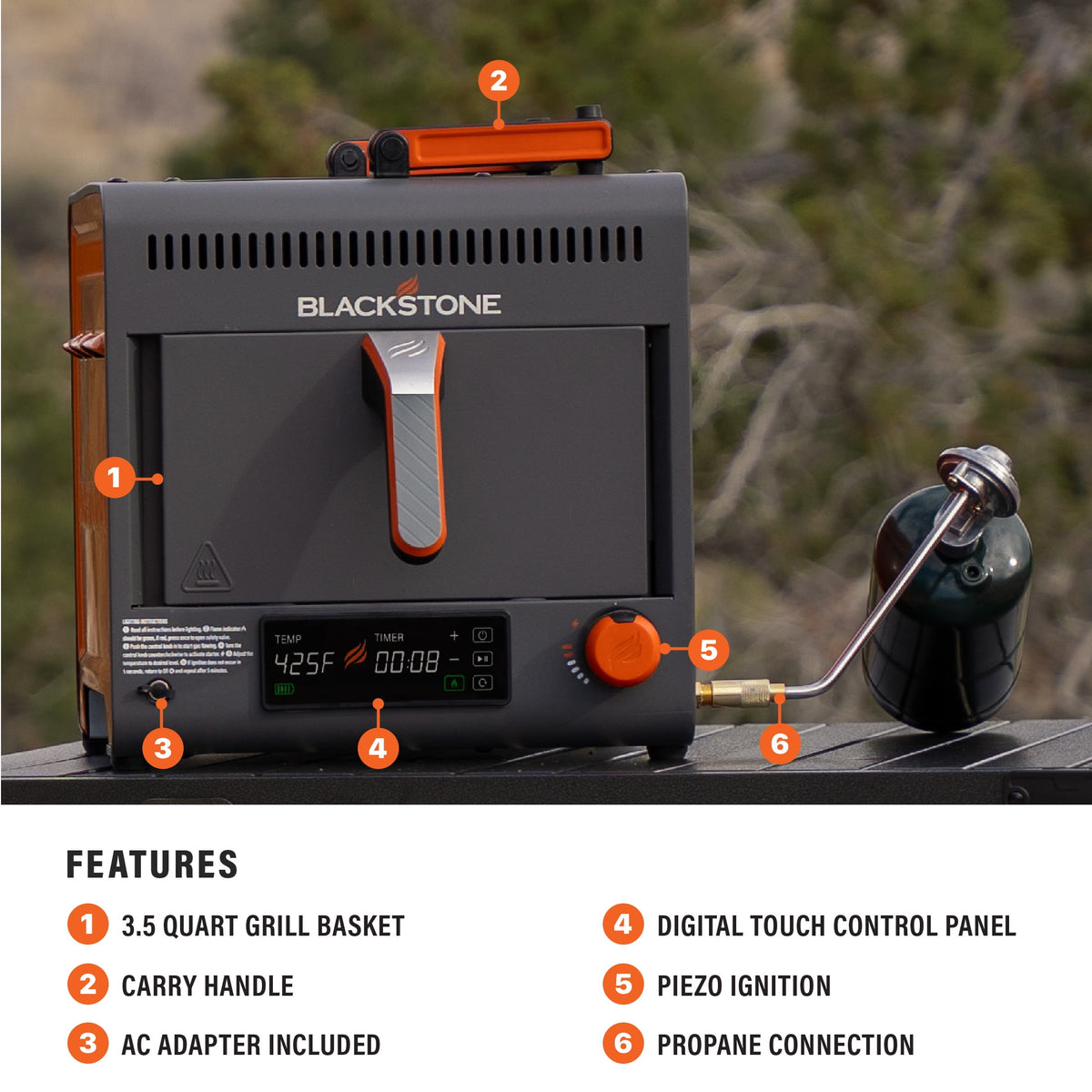Garly Kitchen Adventure Ready Portable Propane Air Fryer, 4-Qt, Gray & Orange, 18W, 3ft Cord