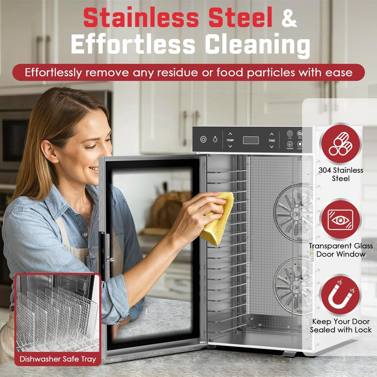 Garly Kitchen 800W Electric Food Dehydrator with 4 Presets, 16 Trays Stainless Steel