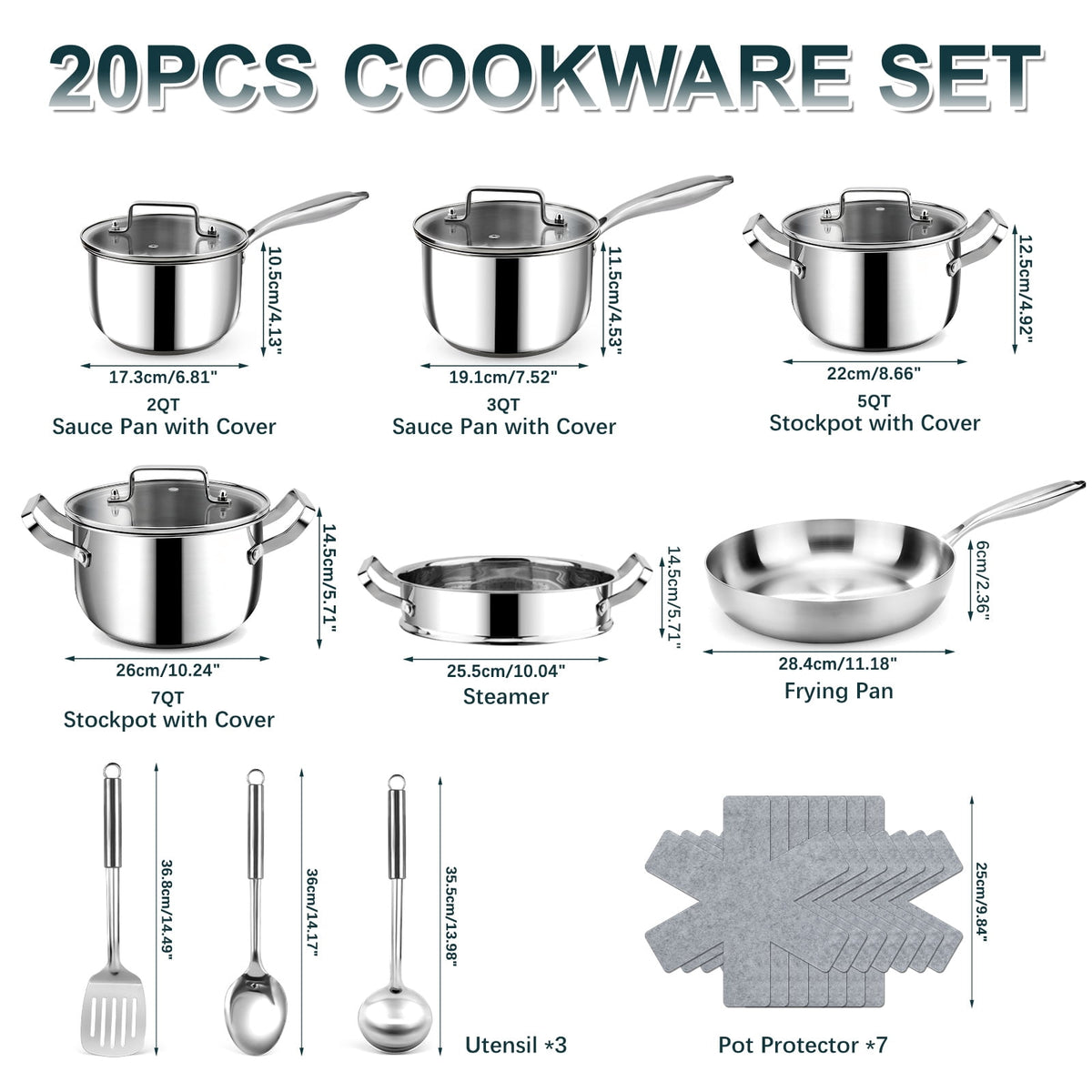 Garly Kitchen 20-Piece Triple Ply Stainless Steel Cookware Set