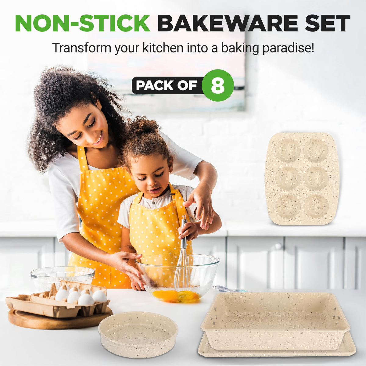 Garly Kitchen 8-Piece Stackable Bakeware Set - Carbon Steel Non-Stick Baking Pan Set, Sheet, Muffin
