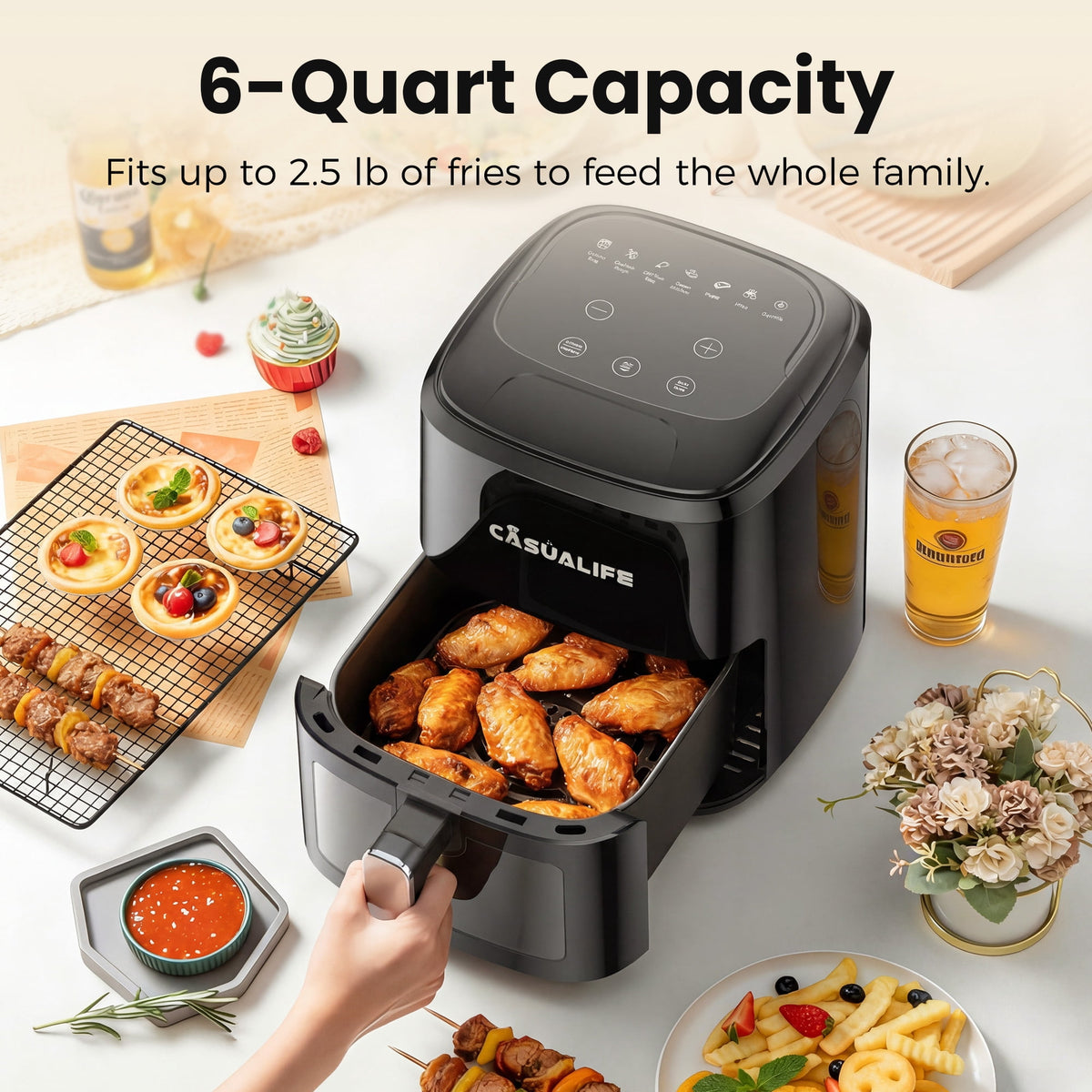 Garly Kitchen Air Fryer 6-Qt Max 400F for Cooking, 6 Presets Fry Touch Panel Compact Countertop
