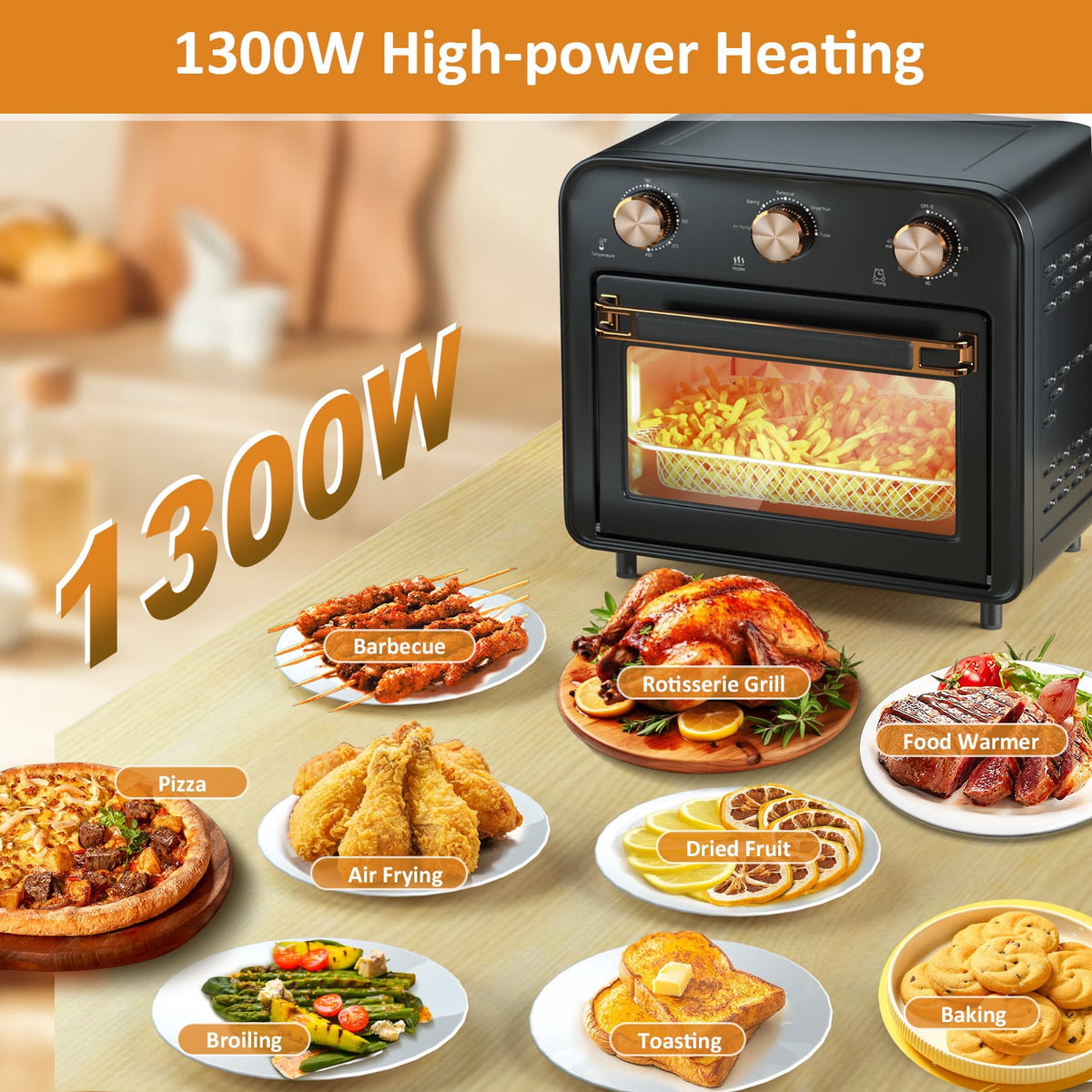 Garly Kitchen 5-in-1 Air Fryer Toaster Oven Countertop, 1300W 17-Qt, 4-Slice Convection Ovens Combo