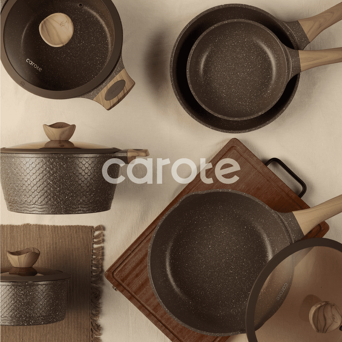 Garly Kitchen 18-Piece Nonstick Pots and Pans, Granite Cookware Set with Kitchen Utensils, Brown
