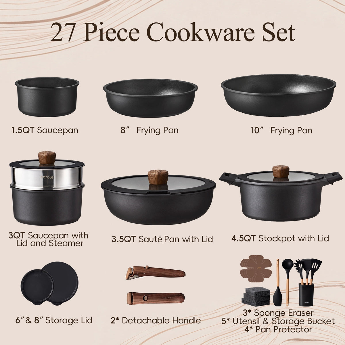 Garly Kitchen 27-Piece Nonstick Cookware Set, Pots and Pans Set with Detachable Handle