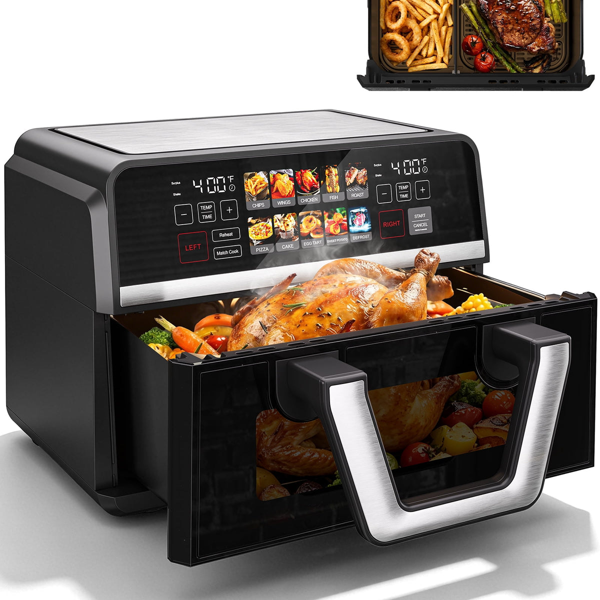 Garly Kitchen 11-Qt Dual Basket Air Fryer Oven, Digital Control, View Window