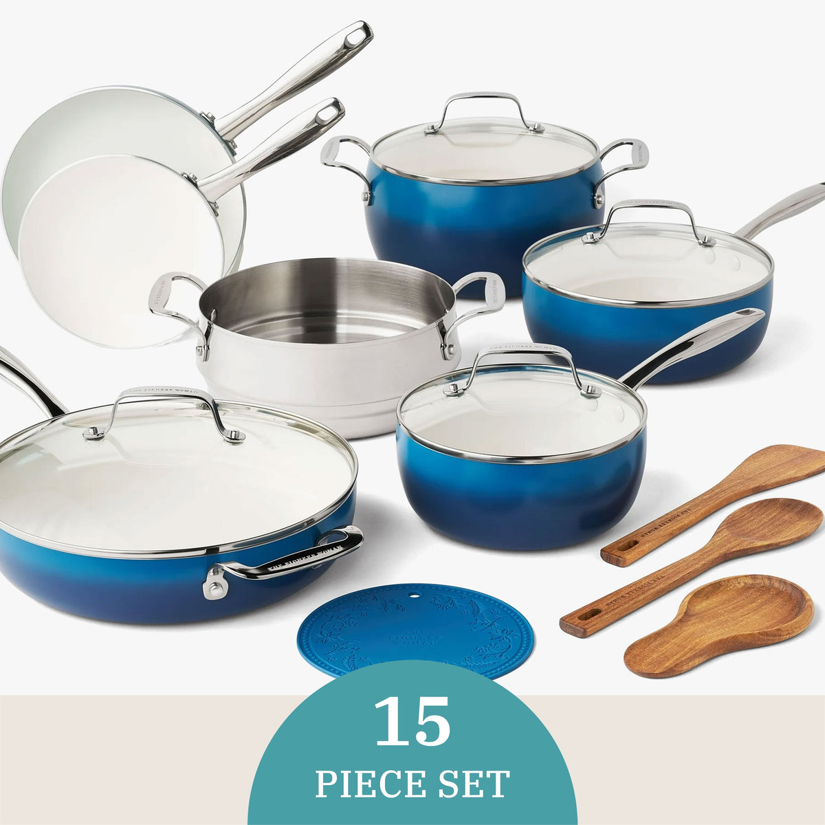 Garly Kitchen Harlow 15-Piece Ceramic Nonstick Cookware Set, Denim Blue