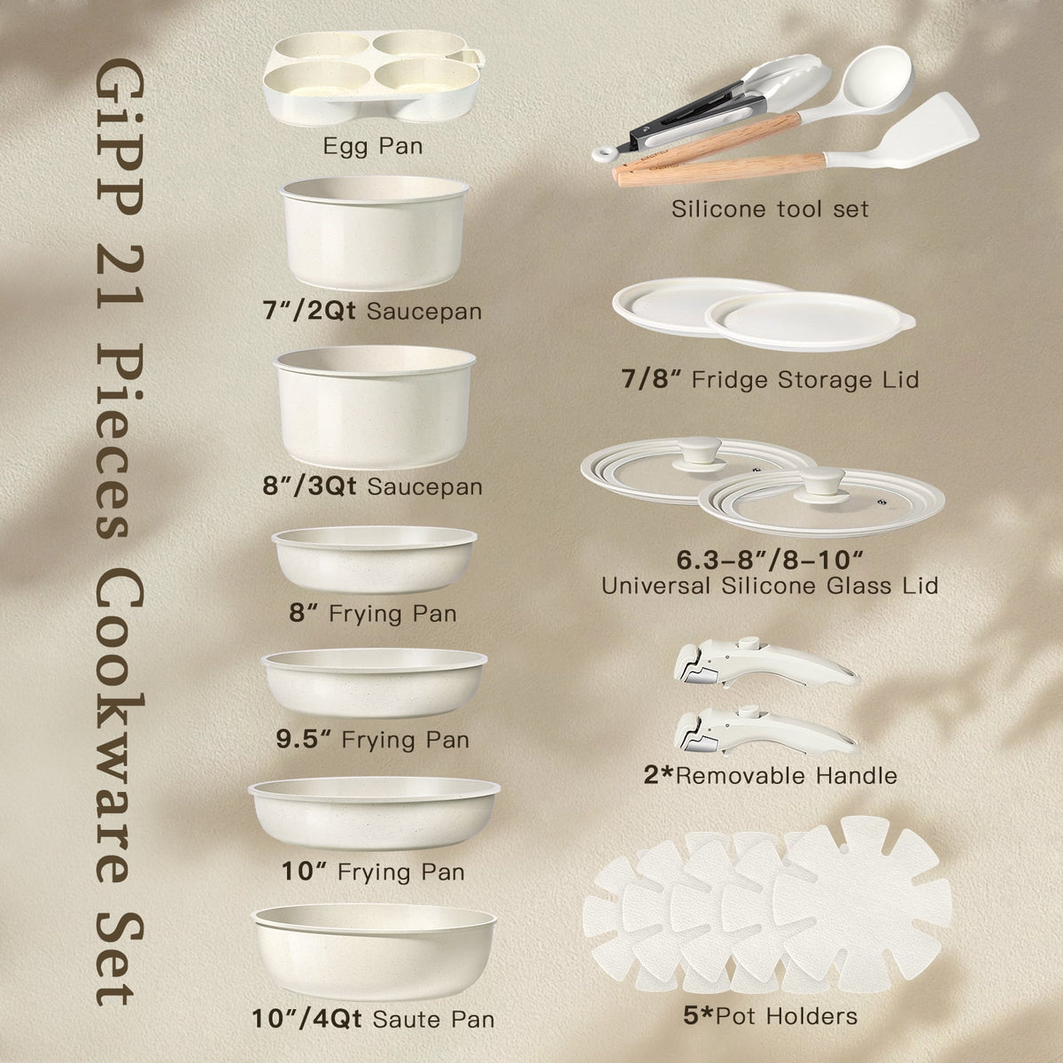 Garly Kitchen Gipp 21 Piece Ceramic Pots and Pans Set Non Stick