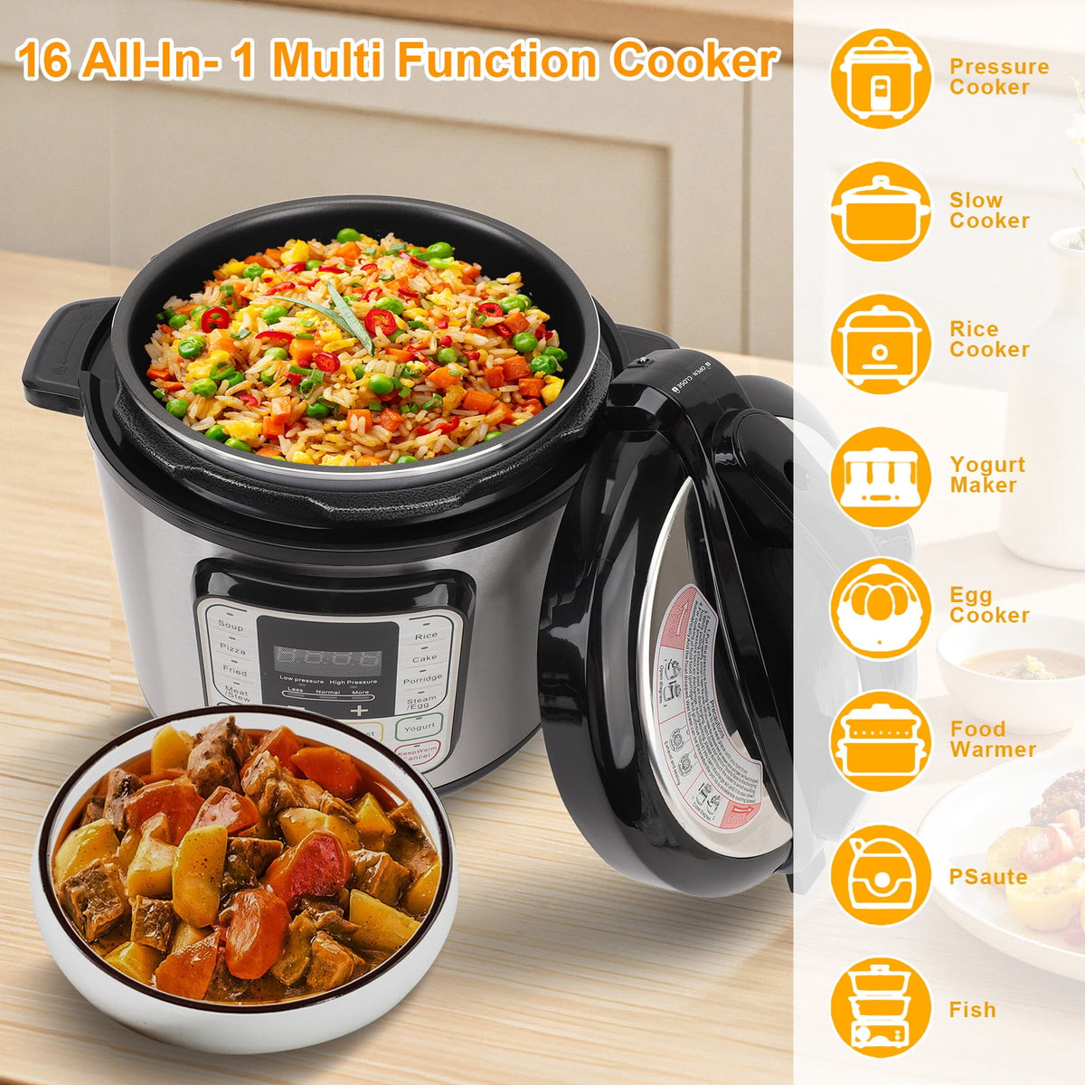 Garly Kitchen 8.5-Qt Electric Pressure Cooker, 16-in-1 Multi-Functional Slow Cooker, Rice Cooker