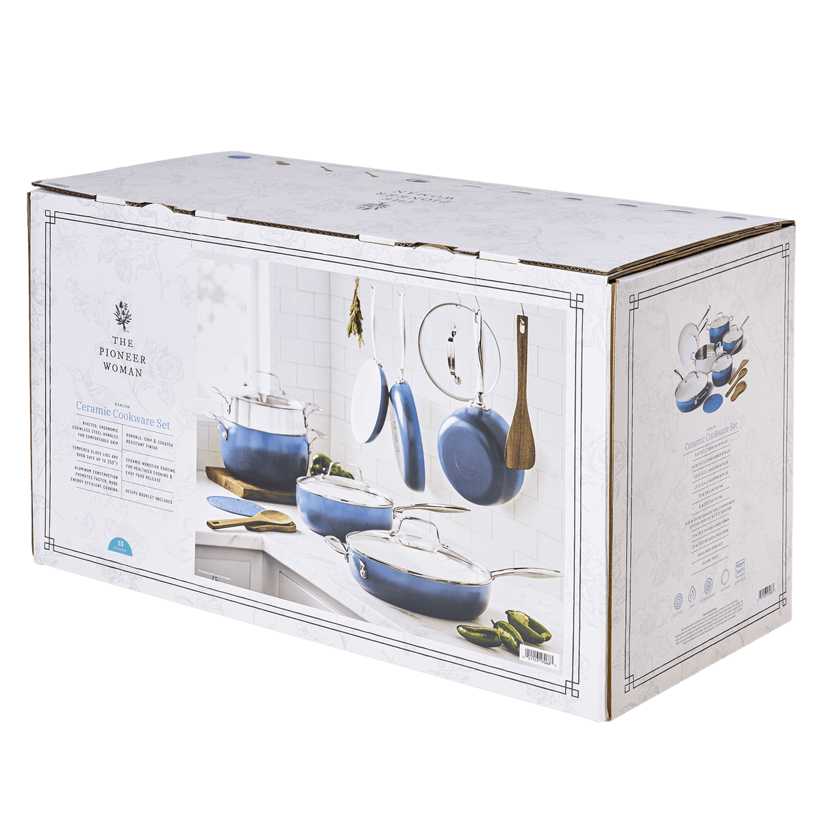 Garly Kitchen Harlow 15-Piece Ceramic Nonstick Cookware Set, Denim Blue