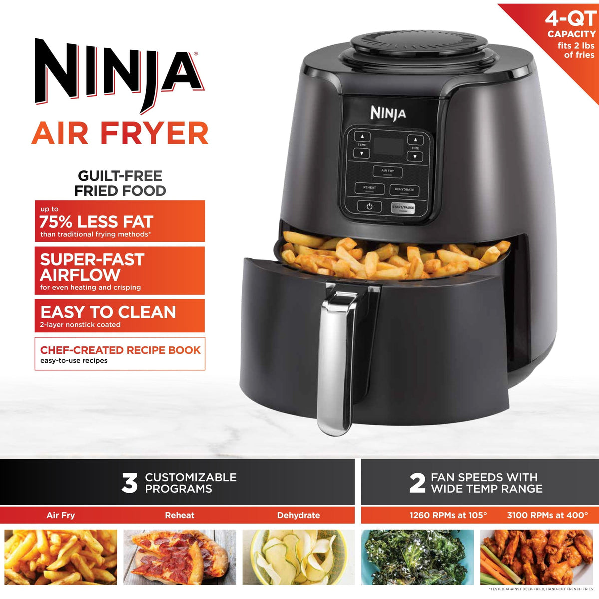 Garly Kitchen 4-Qt Air Fryer, 3 Functions, Air Fry, Reheat, and Dehydrate, Dishwasher Safe