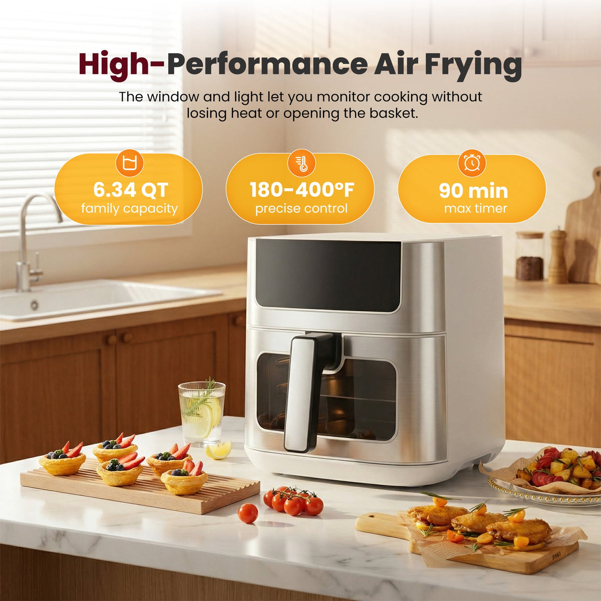 Garly Kitchen EDX 6-Qt Stainless Steel Air Fryer with Digital Touchscreen, 1500W, 8 Presets