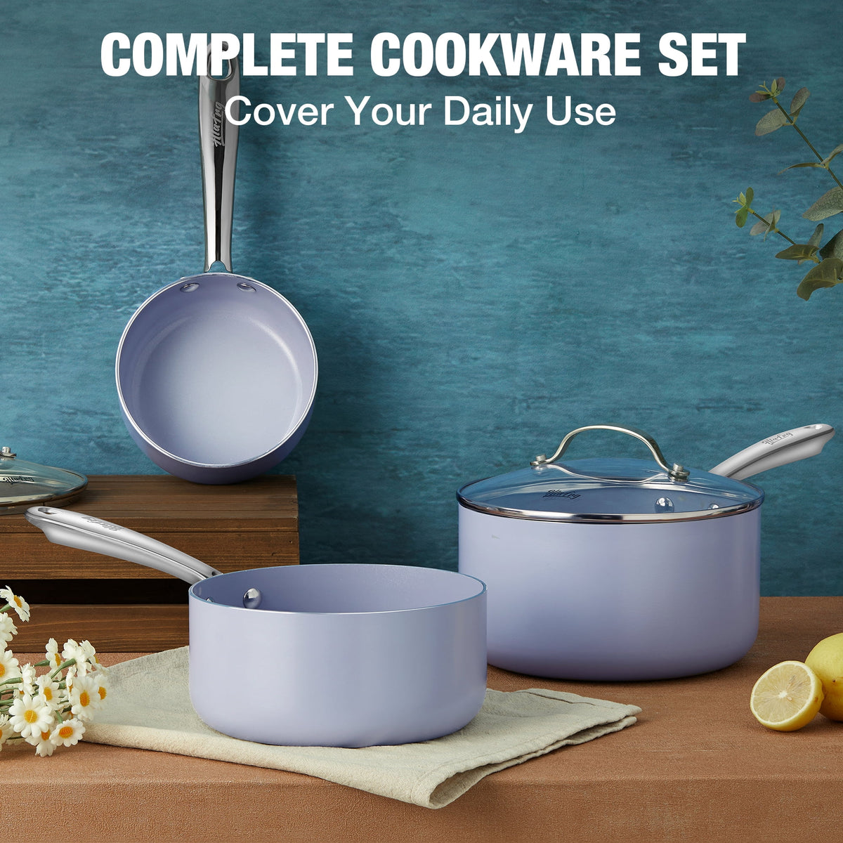 Garly Kitchen 1+2+3-Qt Nonstick Saucepan Set with Lids, Ceramic Oven-Safe