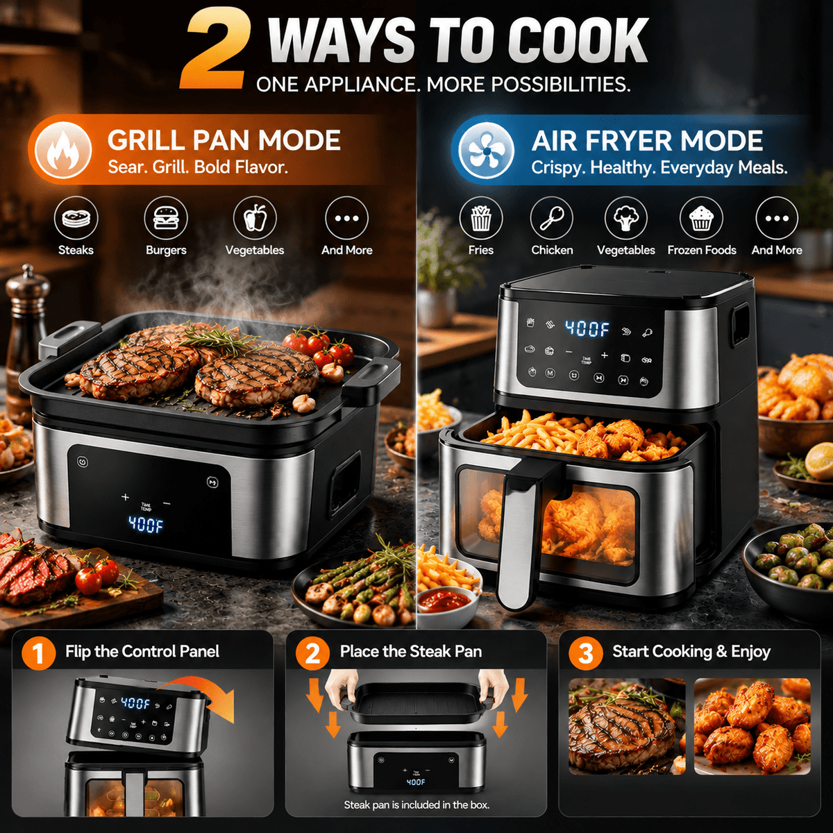 Garly Kitchen 2-in-1 Air Fryer 7.5-Qt Large Capacity Digital Hot Air Oven with Window & Light