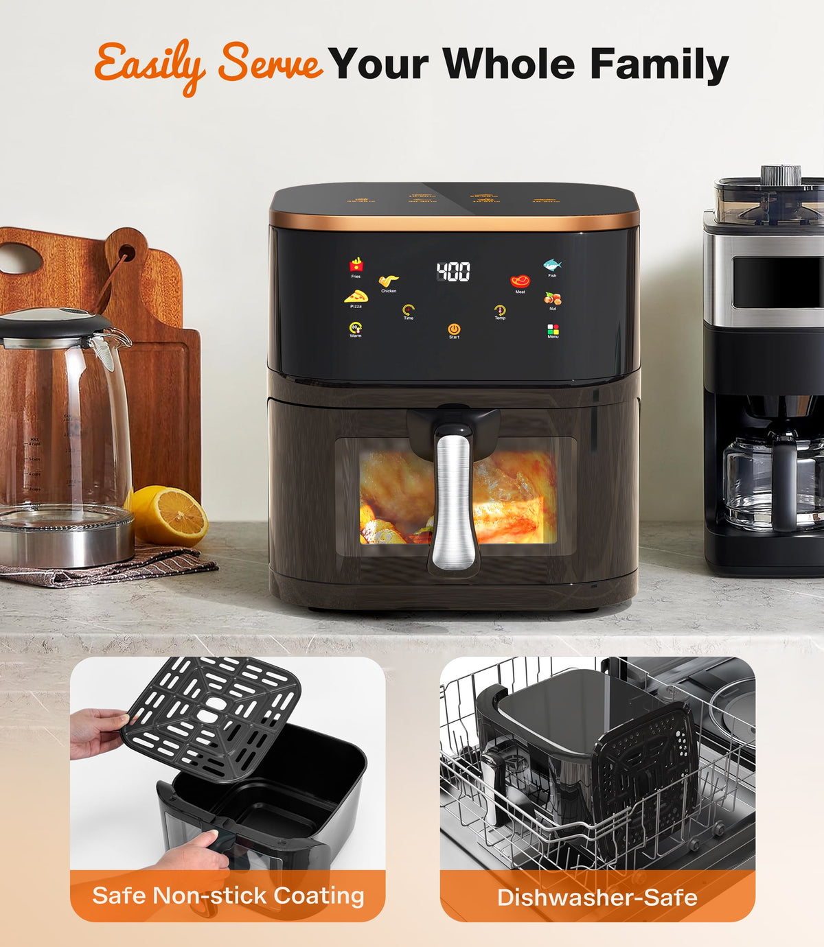 Garly Kitchen Air Fryer 8-Qt Max 450F for Cooking, 6 Presets Fry Touch Panel Easy View Window