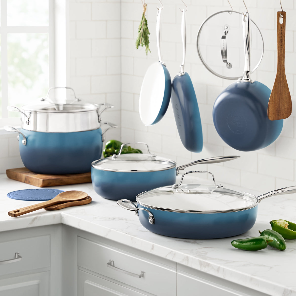 Garly Kitchen Harlow 15-Piece Ceramic Nonstick Cookware Set, Denim Blue
