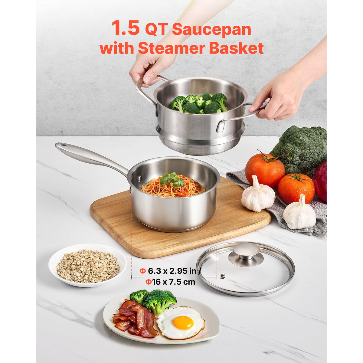 Garly Kitchen 1.5-Qt Stainless Steel Saucepan with Steamer, Multipurpose Sauce Pot with Glass Lid