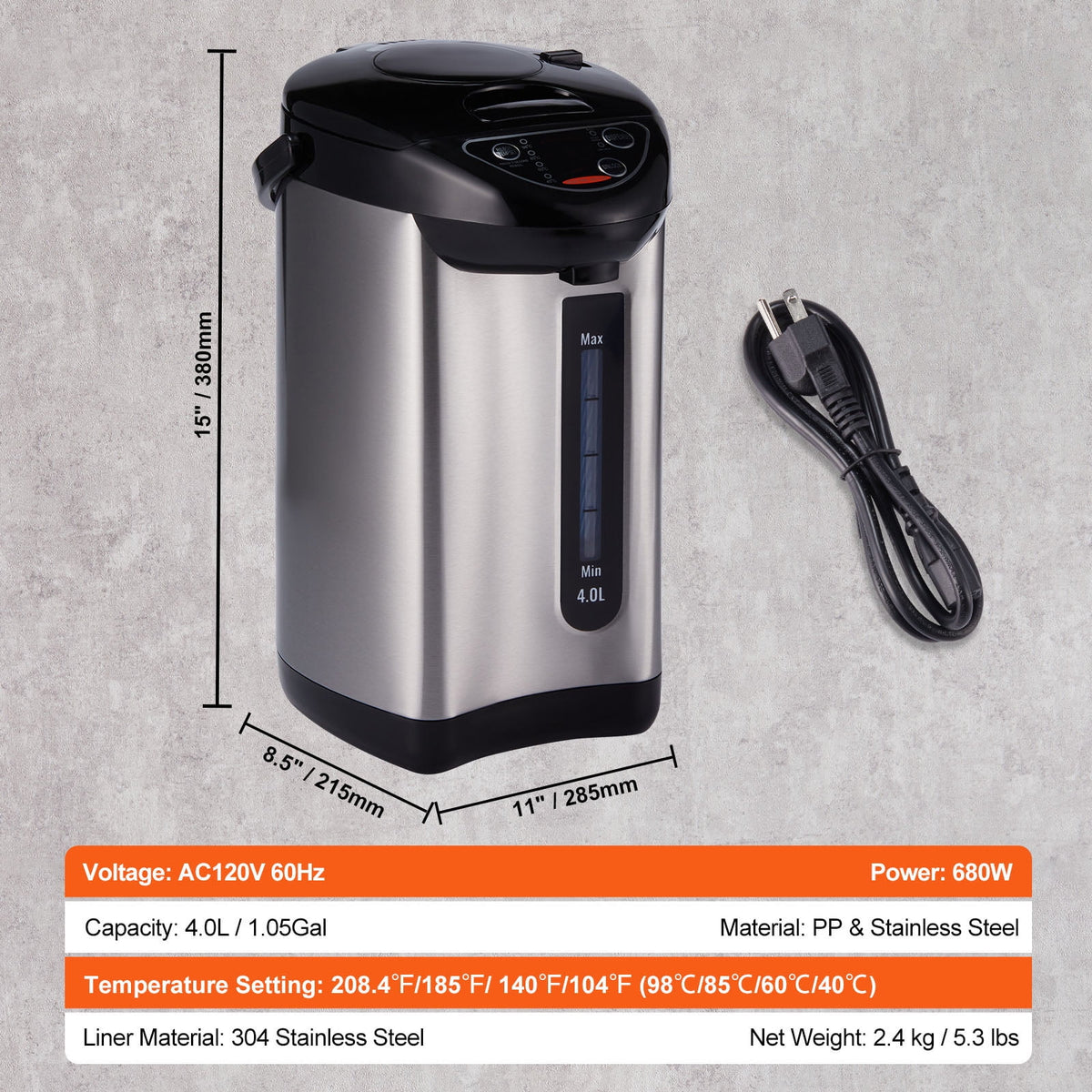 Garly Kitchen 4L Hot Water Dispenser, Countertop Stainless Steel Water Heater with Adjustable