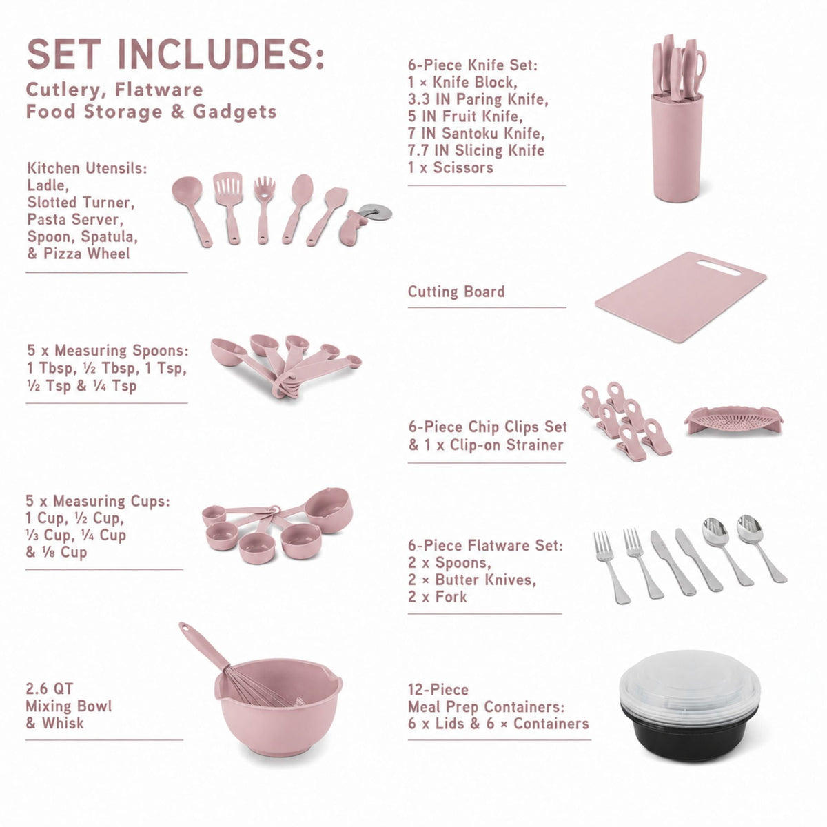 Garly Kitchen Elements by Thyme & Table 60-Piece Ceramic Non-Stick Cookware Set - Dusty Rose