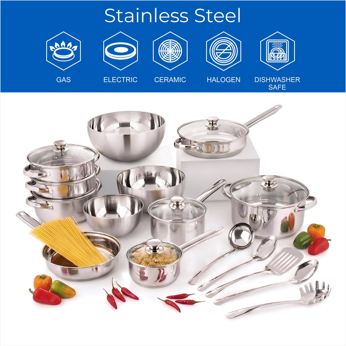 Garly Kitchen 20-Piece Stainless Steel Cookware Set with Glass Lids, Steamer