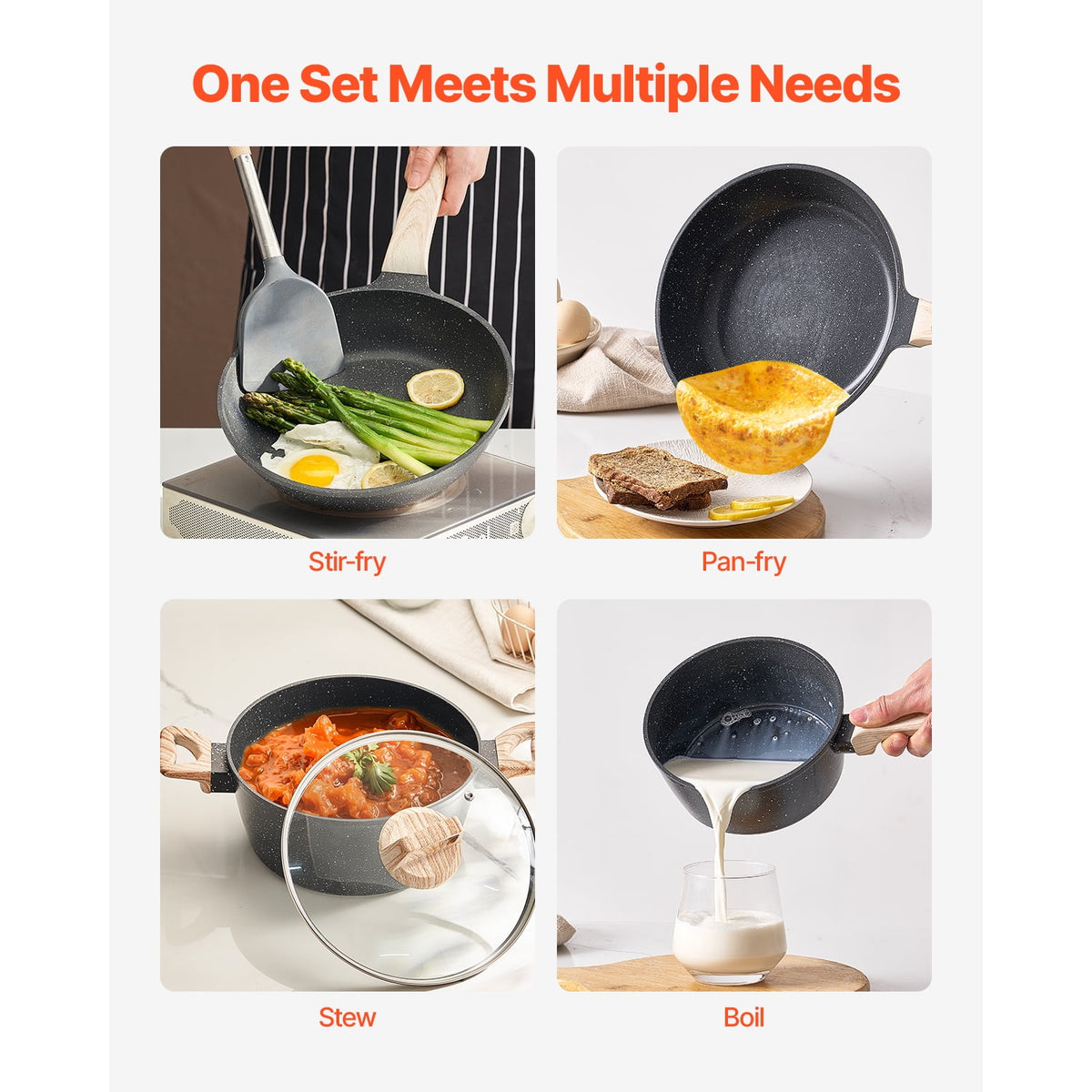 Garly Kitchen 17 Piece Non-stick Cookware Set, Induction + Glass Lids