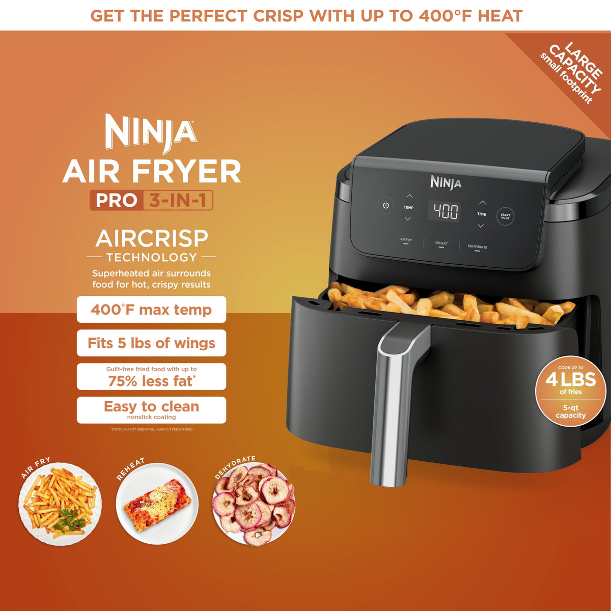 Garly Kitchen Air Fryer Pro XL 5-Qt, 3-in-1, 400°F Air Crisp Technology, Nonstick Crisper Plate