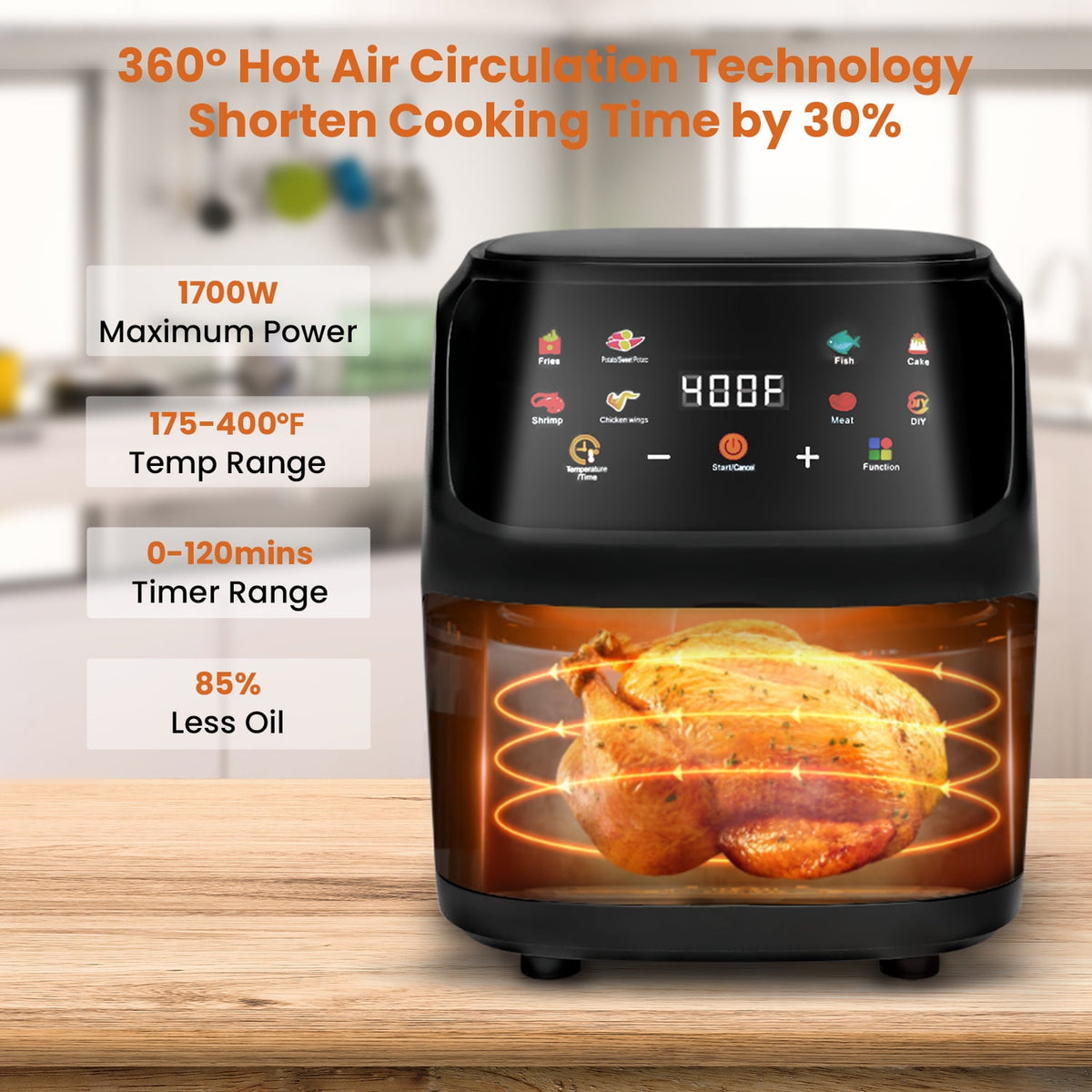 Garly Kitchen Air Fryer 7.5-Qt, Large 8-in-1 Digital Touchscreen, View Window, 1700W