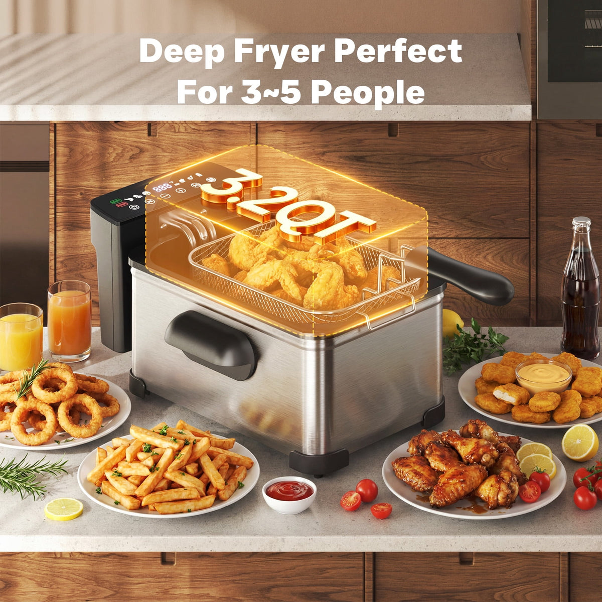 Garly Kitchen Deep Fryer with Basket, Electric Oil Fryer Pot, 6 Food Presets, Touchscreen, 1H Timer