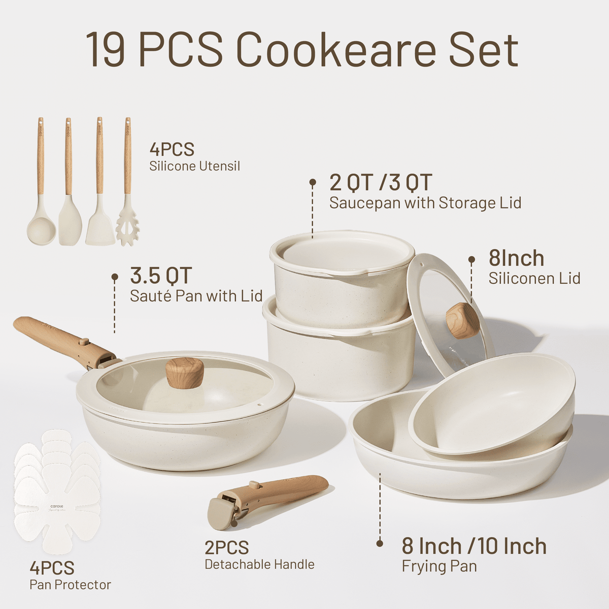 Garly Kitchen 19-Piece Nonstick Cookware Sets, Granite Non Stick Pots and Pans with Removable