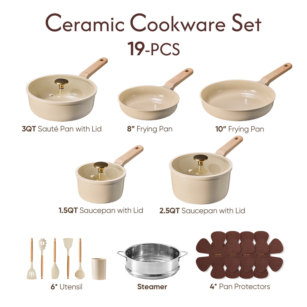 Garly Kitchen 19-Piece Ceramic Pots and Pans Set, Nonstick Cookware Set with Lids