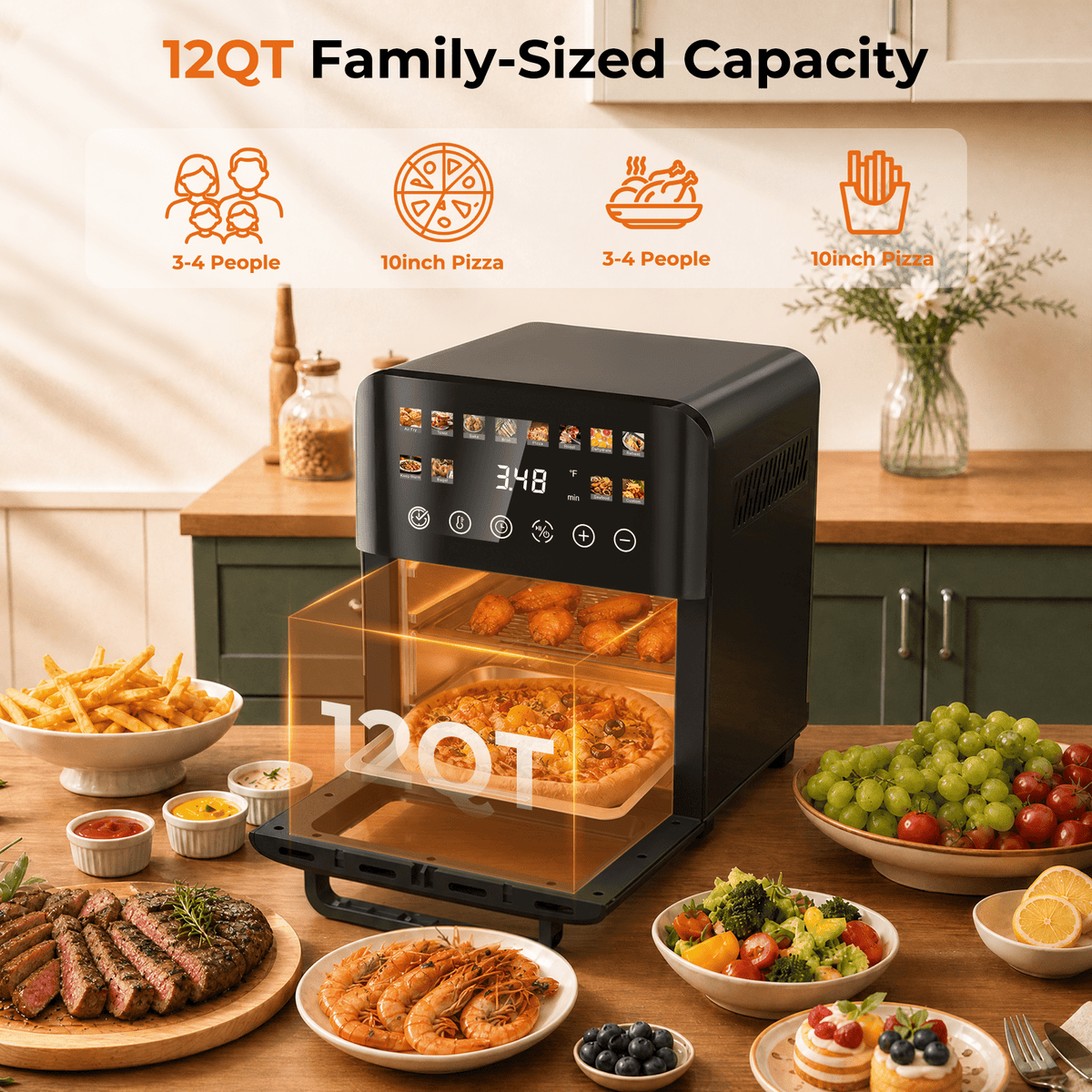 Garly Kitchen 12-Qt Air Fryer Toaster Oven, 24H Delay Start Timer, 12 Preset Menus