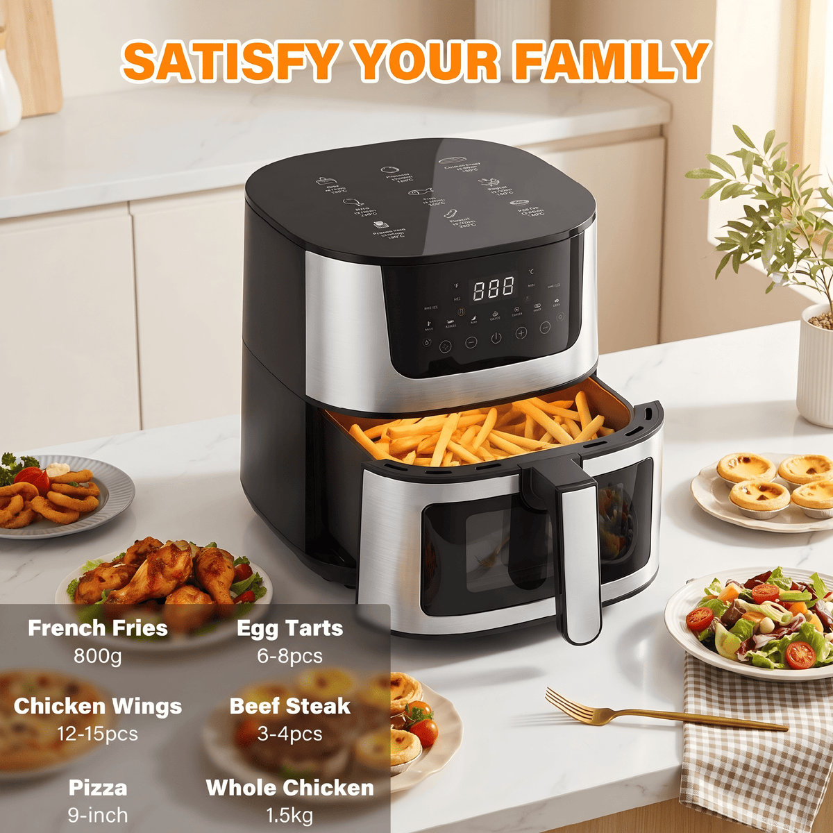 Garly Kitchen 7.5-Qt Air Fryer 9 Functions w/ Touch Controls, HI-FRY Button, Stainless Steel(Black)