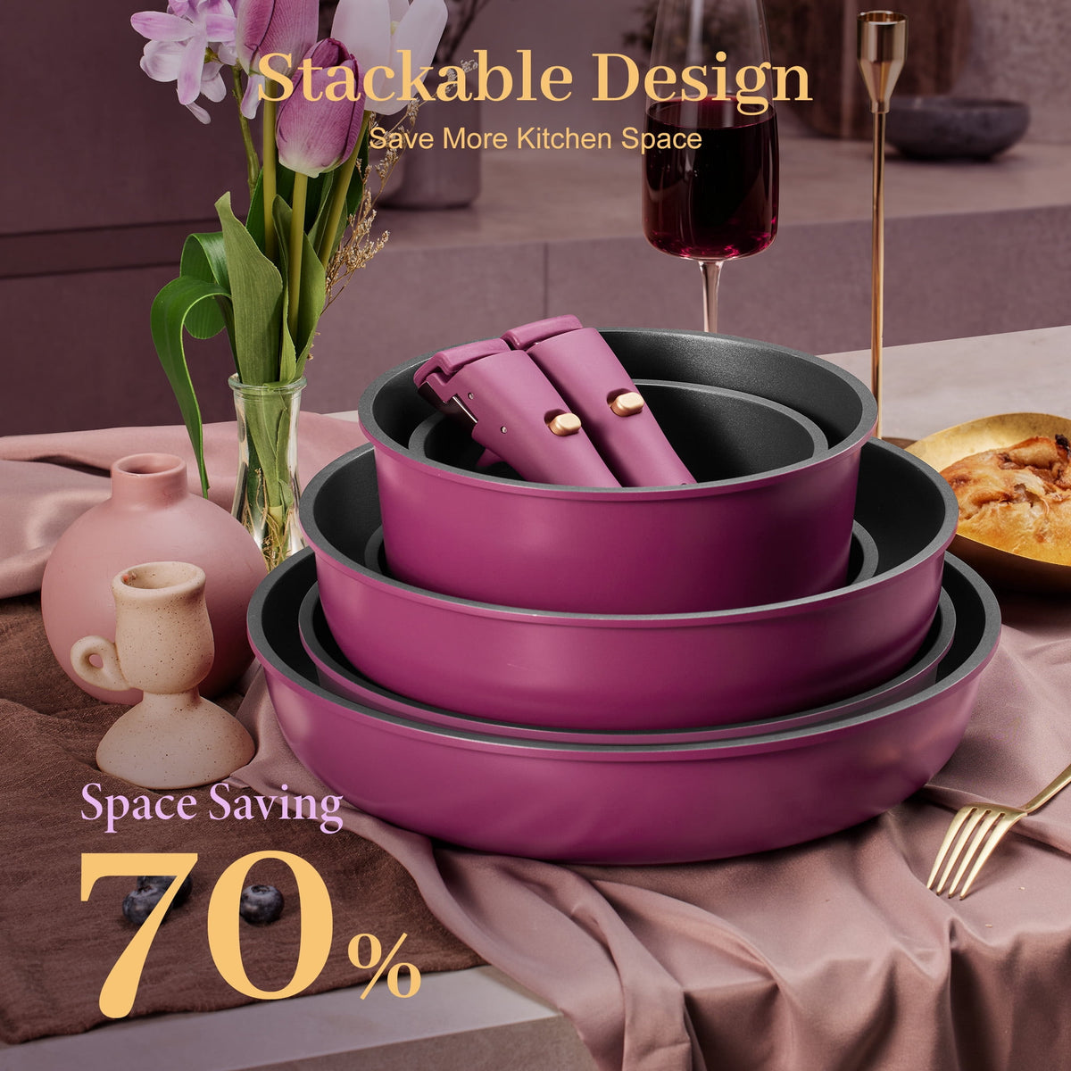 Garly Kitchen 20 Pcs Nonstick Cookware Sets, Pots and Pans Set with Detachable Handles, Oven Safe