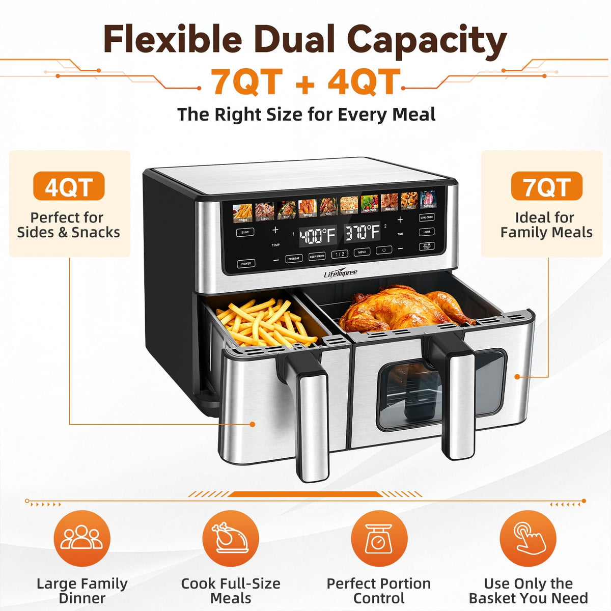 Garly Kitchen 11-Qt Dual Basket Air Fryer with Viewing Window, 1800W Digital Air Fryer