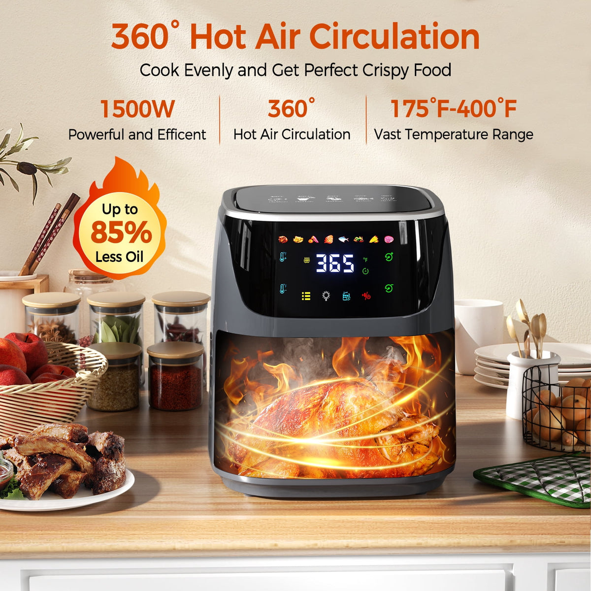Garly Kitchen 8-Qt Air Fryer with 8 Food Preset, LED Digital Touch Screen, Roast, Reheat, Dehydrate