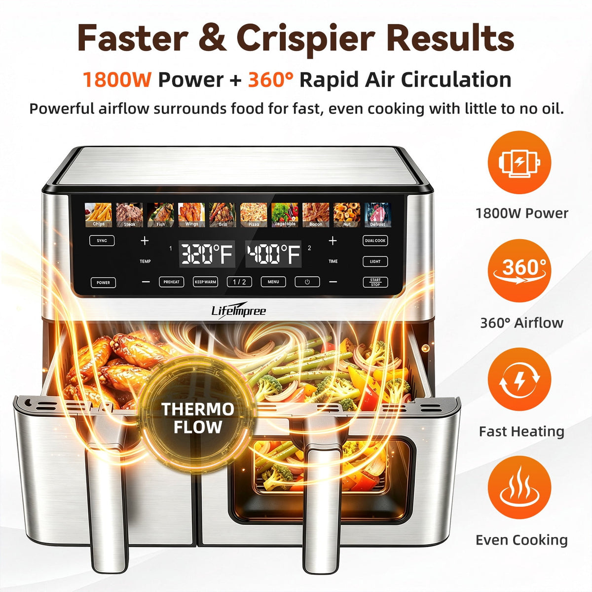 Garly Kitchen 11-Qt Dual Basket Air Fryer with Viewing Window, 1800W Digital Air Fryer