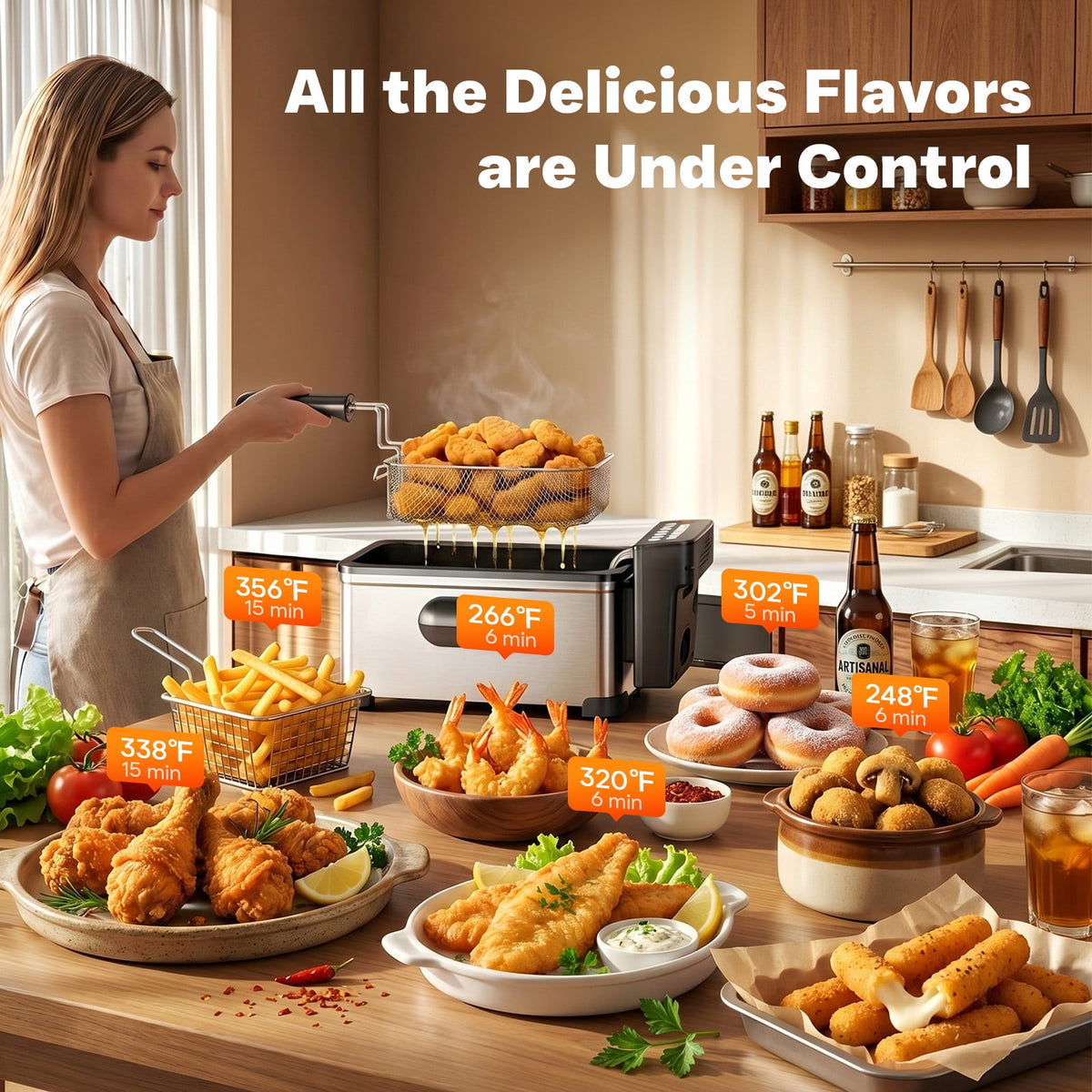 Garly Kitchen Deep Fryer with Basket, Electric Oil Fryer Pot, 6 Food Presets, Touchscreen, 1H Timer