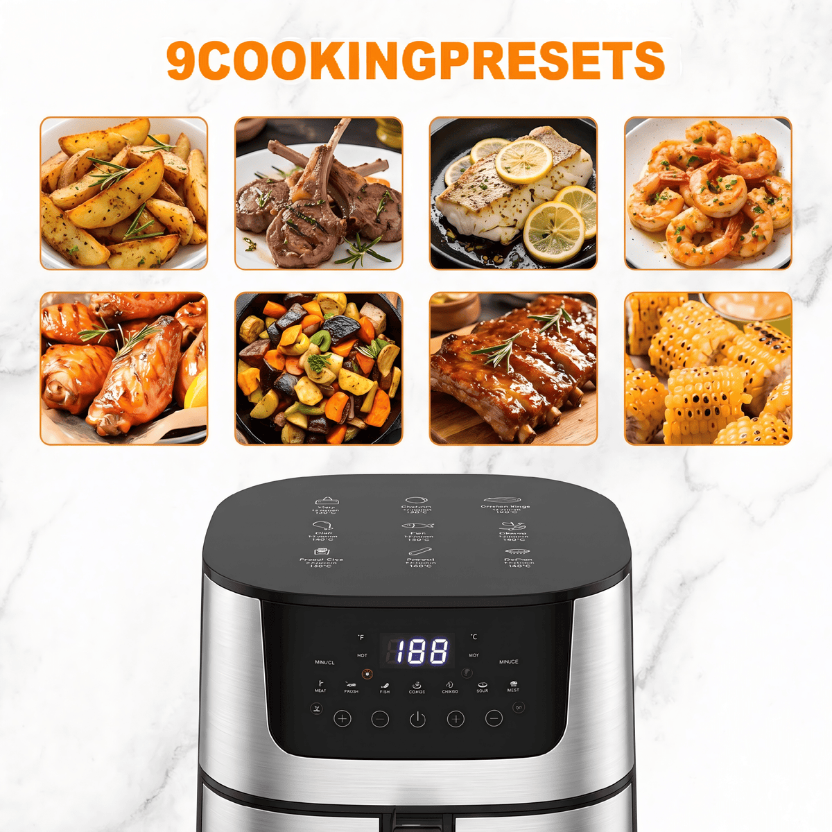Garly Kitchen 7.5-Qt Air Fryer 9 Functions w/ Touch Controls, HI-FRY Button, Stainless Steel(Black)