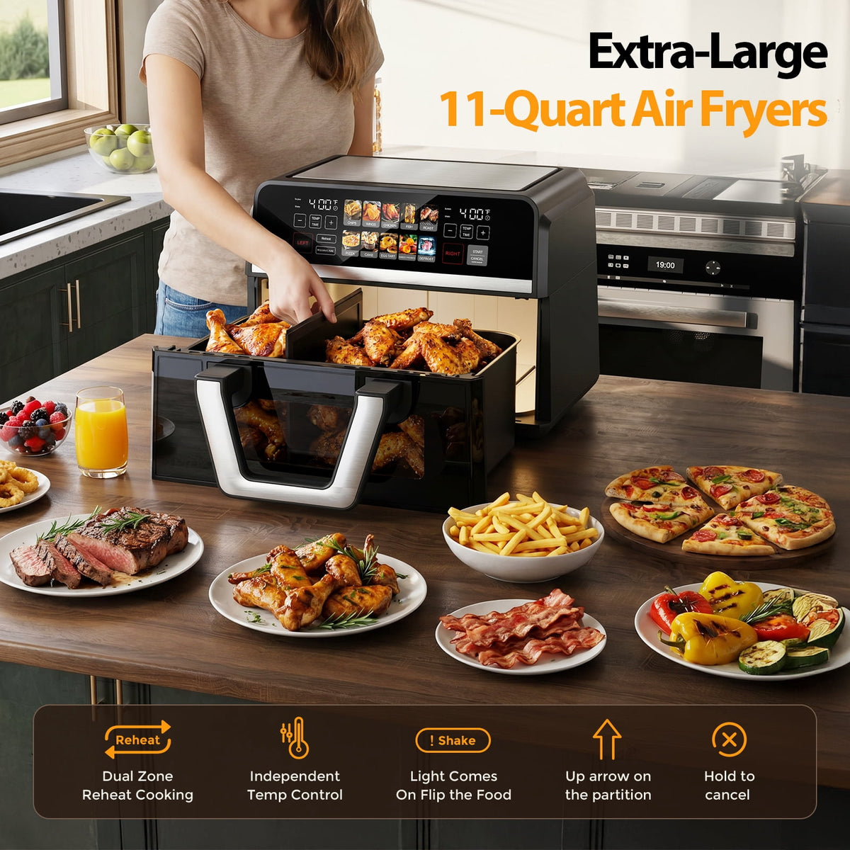 Garly Kitchen 11-Qt Dual Basket Air Fryer Oven, Digital Control, View Window