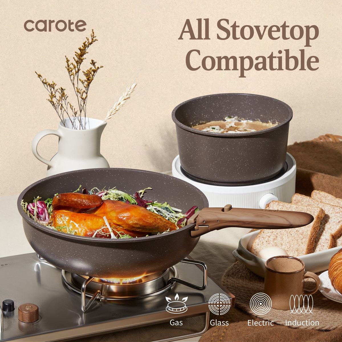 Garly Kitchen 23-Piece Nonstick Pots and Pans, Granite Cookware Set with Detachable Handle