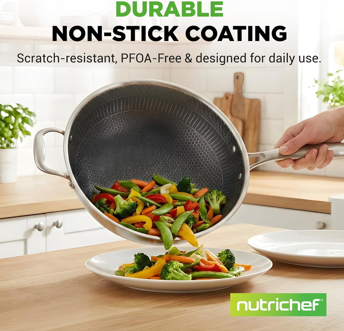 Garly Kitchen 12" Stainless Steel Nonstick Cooking Wok Stir Fry Pan w/ Lid